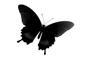 Obraz premium Black Butterfly in Flight: The silhouette of a graceful butterfly takes flight, its intricate wing details etched against the clear, empty space, conveying themes of freedom and metamorphosis.