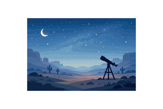 Flat vector background illustration of calm desert stargazing spot with telescope silhouette and soft night haze style clean 2D shapes no outlines minimal details matte colors layered depth