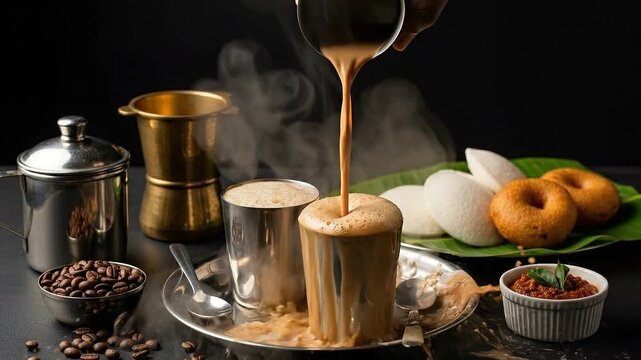Pouring south indian filter coffee into a stainless steel tumbler with idli and vada