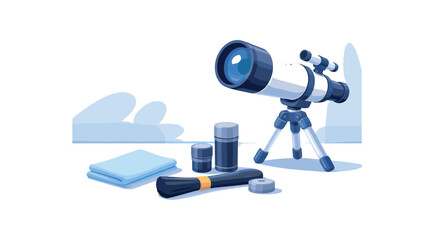 Flat vector illustration of telescope maintenance without people: lens brush silhouette cleaning cloth and eyepiece cases style clean 2D shapes no outlines minimal details layered depth
