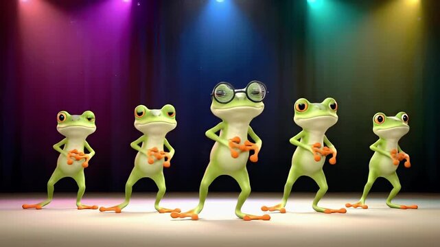 Cartoon frogs perform a lively dance on a colorful stage with spotlights. Suitable for children's story, music events, and education. Illustration, animals, music, fun, colorful
