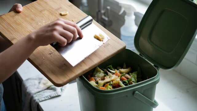 Food waste compost bin kitchen scraps vegetable peel cutting board cleaver knife recycling eco friendly sustainability home composting waste