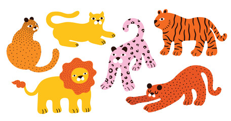 Big cats jungle wild life illustration. Simple funny style. Set of wildlife animals, collection of tiger, lion, leopard isolated. Bundle of wild cats art for print, stickers, decoration. © Anna