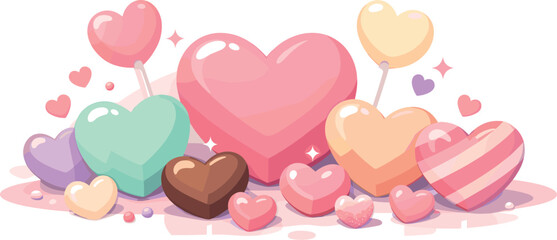 Candy Heart Romance. Romantic candy heart scene showing assorted heart-shaped sweets with glowing accents and subtle reflections,
