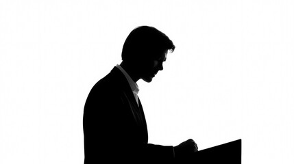 Silhouette of a Speaking: A striking silhouette of an individual, dressed in professional attire, passionately speaks from behind a podium, a study in focused determination and eloquent presentation.