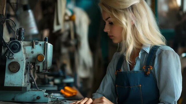 Focused blonde seamstress works diligently in a well-lit workshop, surrounded by fabrics and sewing tools, showcasing craftsmanship and dedication to her art
