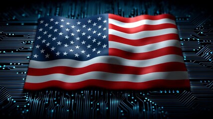 American flag interwoven with circuit board background, symbolizing cybersecurity and digital innovation.