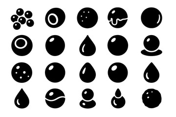 Fototapeta premium Edible Spheres Icons. Solid style icons of Edible Spheres: fruit caviar, olive gel, coffee pearl, yogurt bead, mango bubble, sauce