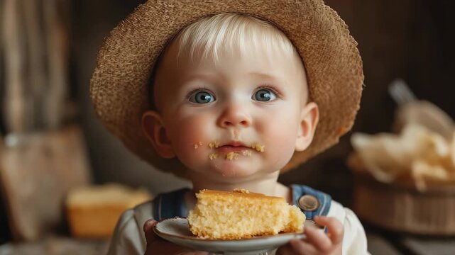 Baby boy enjoys a piece of cornbread while wearing a straw hat in a cozy kitchen