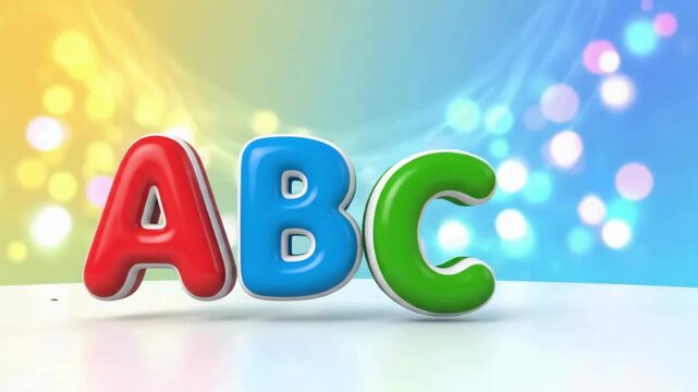 Colorful 3D alphabet letters displayed on a white surface with confetti and shiny bokeh background, representing learning and education in a fun and engaging way.