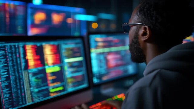 Medium shot of a digital archivist reviewing transcript backup processes across multiple storage solutions highlighting data redundancy and security.