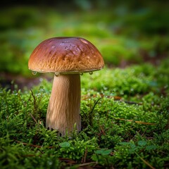 A magnificent fresh king bolete mushroom with a thick stem and pale cap stands isolated on the damp forest ground amongst the green moss, ground, woods, botany