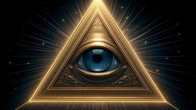A mystical Eye of Providence within a golden triangle, radiating light, symbolizing power and hidden knowledge, against a cosmic background.