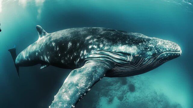 Scuba diver encounters majestic humpback whale while exploring vibrant marine ecosystem in clear tropical waters