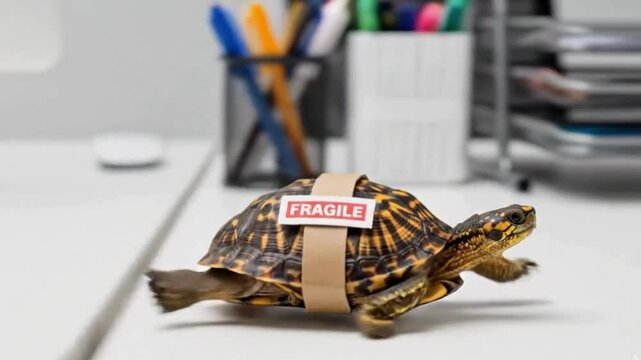 Turtle with 'Fragile' sticker carefully walks on an office desk