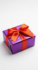 Beautifully wrapped luxury present box with shiny metallic paper and a rich satin ribbon bow on a stark white surface for a clean look, event, design, isolated