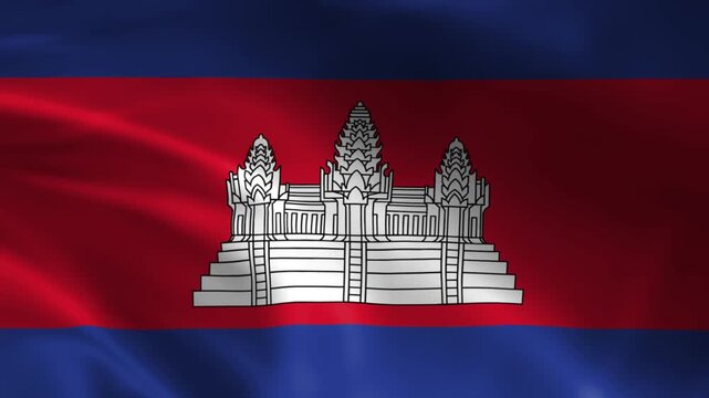 Cambodia flag waving with Angkor Wat temple silhouette national symbol for travel and patriotism realistic fabric texture