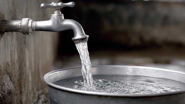 Water flows from tap into metal basin during the day in a simple setting
