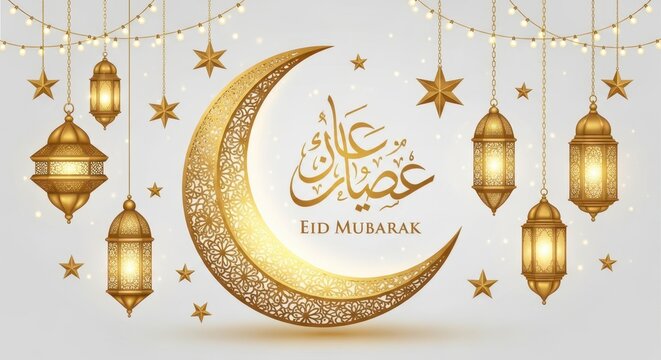 Celebrating eid mubarak with golden lanterns and crescent moon