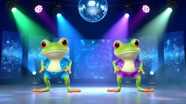 Two frogs wearing colorful outfits dance on a vibrant cartoon stage. Suitable for children's story, music events, and education. Illustration, animals, music, fun, colorful