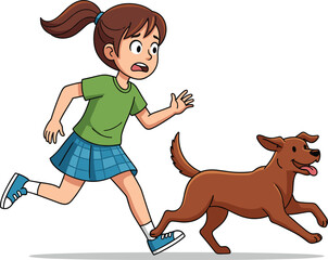 Cartoon illustration of a scared young girl running away from a playful brown dog chasing her isolated on a white background