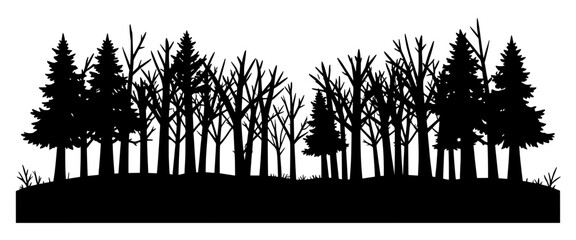 Black silhouette of a dense evergreen pine forest with tall conifer trees forming a natural woodland landscape on a rolling hill isolated on white background