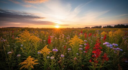 Fototapeta premium Golden sunrise light illuminating a vast meadow filled with vibrant autumn wildflowers under a soft morning sky, flowers, ethereal, sunrise