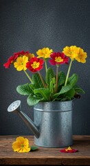 Fresh spring arrangement featuring vibrant primula flowers displayed neatly within a classic galvanized watering container on a rustic surface, gardening equipment, flowers, blossoms