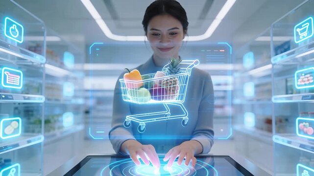 Customer interacting with holographic shopping cart in futuristic grocery store. Smart retail technology for automated checkout and inventory management