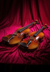 Two elegant violins are lying peacefully on a draped expanse of luxurious, deep crimson velvet fabric, elegance, red, elegant