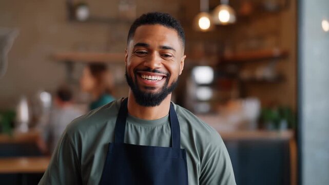 Happy african american male waiter in an apron enthusiastically counting cash tips, reflecting on financial success and hard work in a bustling restaurant environment