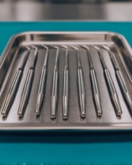 Close-Up of Stainless Steel Dental Tools Neatly Arranged on Tray