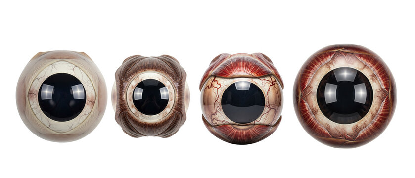 A collection of four distinct artificial toy eyes isolated on a white background.