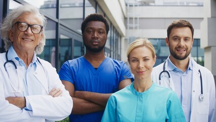 Confident medical staff standing outdoors and holding steady pose while camera moving past group. Focused team maintaining calm expression and presenting unity during professional moment.