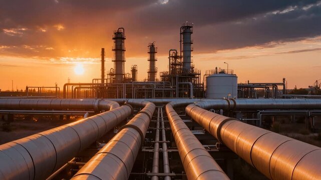 Large-diameter pipelines converging toward processing facility at golden hour. Industrial infrastructure with distillation towers and storage tanks