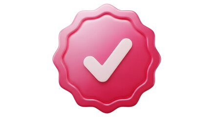 Pink seal icon with white checkmark isolated on transparent background
