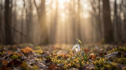 white snowdrop flower blooming on mossy forest floor with dry leaves. golden sun rays shining through trees. spring nature background. banner, website header, greeting card with copyspace.