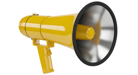 A bright yellow megaphone isolated on transparent background for announcements and public speaking
