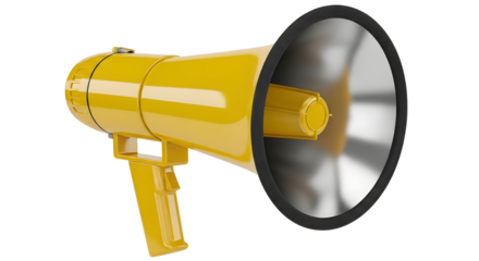 A bright yellow megaphone isolated on transparent background for announcements and public speaking