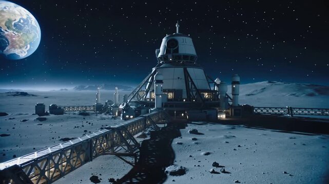 Lunar base operations with astronauts working on control panel. Panning shot revealing moon colony and Earth in the night sky.