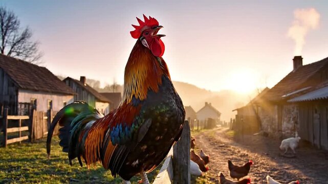 Majestic brightly colored rooster crowing loudly atop a wooden fence in a rustic farm village during sunrise