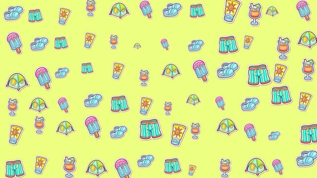 And cheerful summer pattern featuring popsicles, clouds, shorts, and tents, perfect for seasonal designs and products like textiles or stationery.