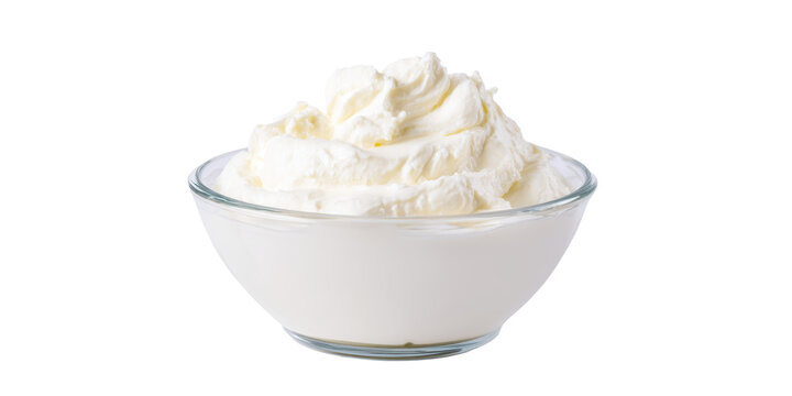 A Clear Glass Bowl Filled with Fresh White Creamy Mascarpone Cheese or Sour Cream for Cooking and Desserts on a Transparent Background.