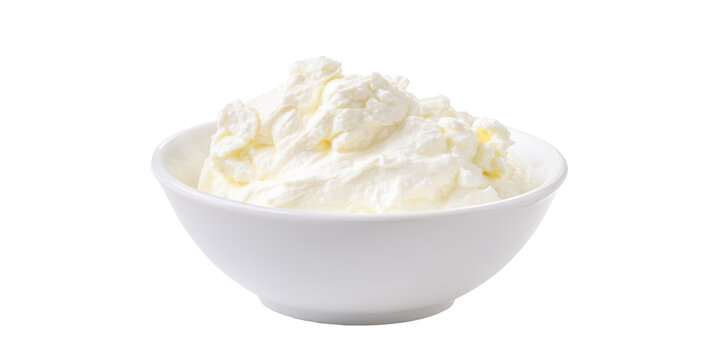 A White Ceramic Bowl Filled with Fresh and Healthy Cottage Cheese Featuring a Soft Curd Texture Is Isolated on a Transparent Background.