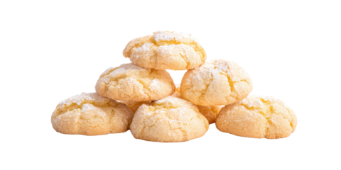 A Delicious Pyramid Stack of Freshly Baked Italian Amaretti or Lemon Crinkle Cookies Dusted with Powdered Sugar on a Transparent Background.