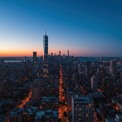 Naklejka premium Dramatic wide angle view of a vast metropolitan architectural landscape at twilight. Towers reaching high into the evening sky reflecting soft light, metropolis, lights, development