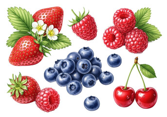 Vibrant watercolor illustration of dewy, freshly picked summer berries: plump strawberries, textured raspberries, deep blue blueberries, shiny cherries on white, celebrating summer's bounty
