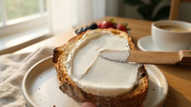 Soft creamy cheese spread on toasted bread slice with fresh dairy products served alongside coffee and berries for cozy breakfast delight