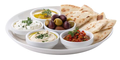 A Mediterranean Meze Platter Featuring Hummus, Tzatziki, Tomato Relish, and Mixed Olives Served with Warm Pita Bread on a Transparent Background.