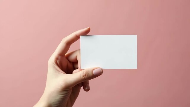 Woman holding blank business card on pink background, closeup. Mockup for design.